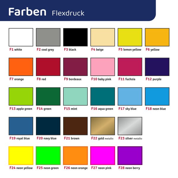 Übersicht über mögliche Farben für Flexdruck - Nashville Print Factory