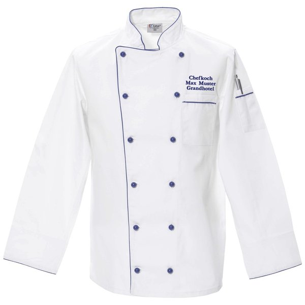 Weiße Chef-Kochjacke mit royalblauer Paspel mit Namen oder Wunschtext bestickt