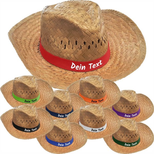 Strohhut inklusive farbigem Hutband mit Wunschtext bedruckt
