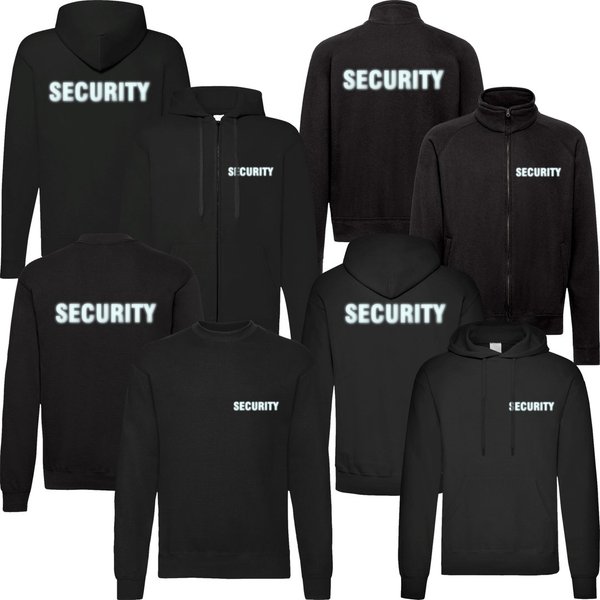 Sweatshirt, Hoodie oder Kapuzenjacke schwarz mit Reflexdruck SECURITY bedruckt