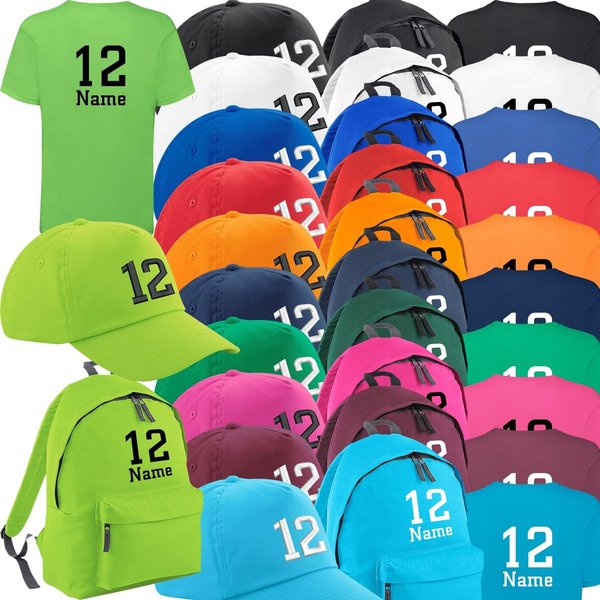 Kinder Sport-Set Basecap T-Shirt Rucksack mit Name / Wunschzahl bedruckt / bestickt
